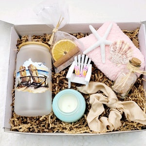 Decorazione da spiaggia Scatola regalo di compleanno estiva Regalo di compleanno per donne Bicchiere smerigliato Scatola regalo di candele estive da spiaggia Set regalo per spa per amici Scatola regalo per mamma