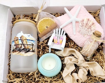 Caja de regalo de cumpleaños de verano con decoración de playa, regalo de cumpleaños para mujer, vaso esmerilado, caja de regalo de vela de playa de verano, juego de regalo de spa para amigos, caja de regalo para mamá