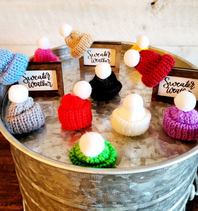 Puede incluir: Surtido de diez gorros de punto con pompones en varios colores, incluyendo rojo, azul, verde, morado, blanco, gris y marr&oacute;n. Los gorros se muestran en una bandeja de metal plateado con el texto "Sweater Weather" en tres peque&ntilde;as placas de madera.