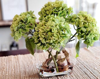 Modern Arrangement Silk Real Feel Hydrangea Flower Glass Vase French Country Decor Flower Arrangement Dining Room Modern Farmhouse Decor