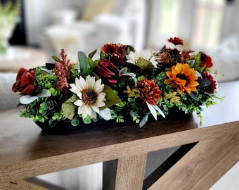 Fall Flower Arrangement Sunflower Decoration Fall Table Centerpiece Thanksgiving Mantel Display Farmhouse Wooden Dough Bowl Rustic Home
