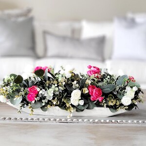 Dough Bowl Dining Table Arrangement Rose arrangement kitchen table decor Farmhouse Arrangement greenery arrangement Pink Floral Arrangement