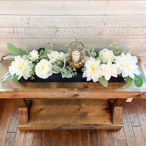 Farmhouse style long 25” Spring table arrangement in wood planter box candle centerpiece in wood box mantle centerpiece wood planter box