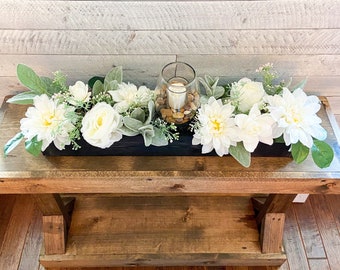 Farmhouse style long 25” Spring table arrangement in wood planter box candle centerpiece in wood box mantle centerpiece wood planter box