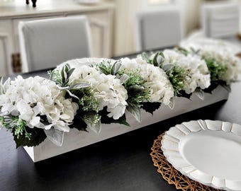 White Hydrangea Arrangement Wooden Planter Box Centerpiece Spring Flower Farmhouse Table Wedding Display Neutral Kitchen Counter Accent