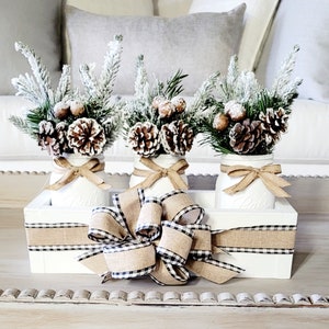 Winter Floral Arrangement Long Wood Box Dining Table Winter Arrangement Mason Jar Holiday Centerpiece Elegant Floral arrangement Mason Jar