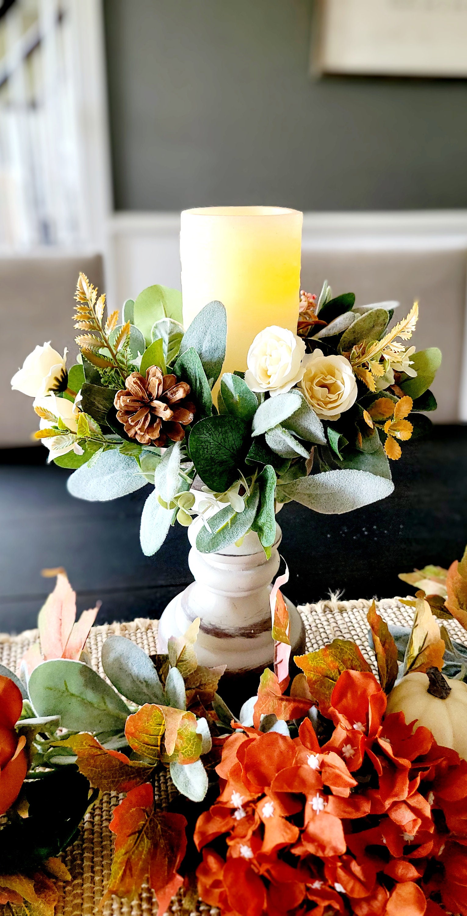 Corona de velas con forma de anillo, decoración de velas de estilo rústico,  decoración de farolillos de estilo francés, decoración de mesa otoñal,  decoración de vegetación, decoración de dormitorio, corona otoñal pequeña -, image size:1531x3000