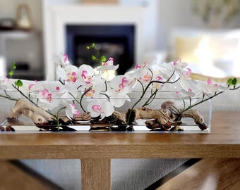 Orchid Glass Centerpiece Pink Flower Artificial Arrangement Modern Design Elegant Table Floral Decoration Silk Display Vase Contemporary