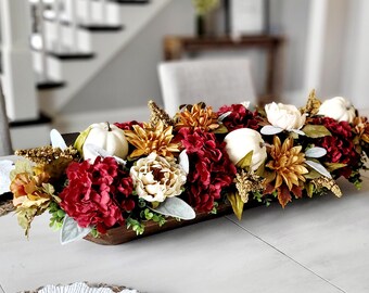 Fall Dough Bowl Burgundy Hydrangeas Pumpkin Arrangement Gold Accents Large Farmhouse Table Decoration Dining Room Thanksgiving Centerpiece