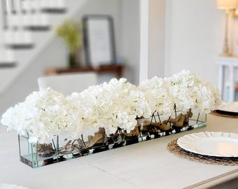 Modern Farmhouse Hydrangea Silk Centerpiece Glass Vase Arrangement Coastal Dining Accent Table Floral Display Home Gift Men Anniversary