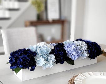 Navy Blue Flower Blue Hydrangea Arrangement Centerpiece Dining Table French Country Farmhouse Wedding Silk Floral Wood Box Rustic Home Gift