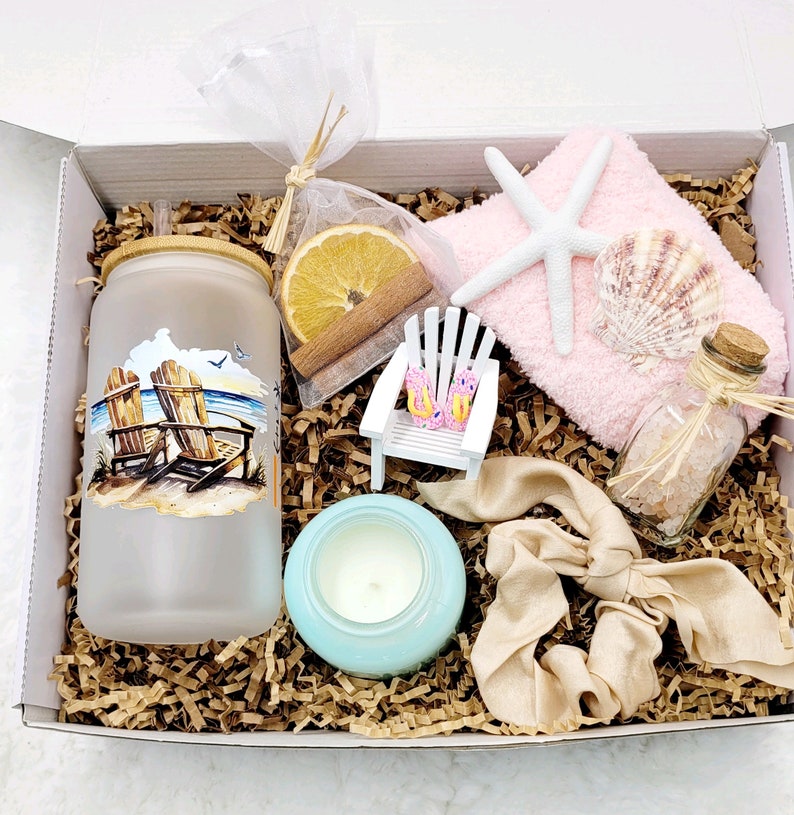 Beach Decor Summer Birthday Gift Box Women Birthday Gift Frosted Tumbler Summer Beach Candle Gift Box Friend Spa Gift Set Gift Box Mom image 3