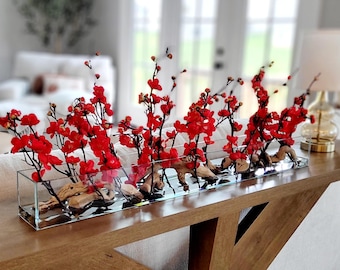 Cherry Blossom Centerpiece Elegant Arrangement Dining Table Farmhouse Style Silk Flower Artificial Display Glass Vase Faux Red flower