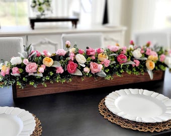 Farmhouse Table Centerpiece Box Decor Arrangement Spring Floral Dining Accessory Rustic Design Kitchen Decoration Wooden Container Peony