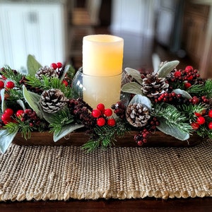 Dough Bowl Christmas Dining Table Centerpiece Candle Centerpiece Hand Carved Dough Bowl Winter Arrangement Pine Floral Arrangement Gift