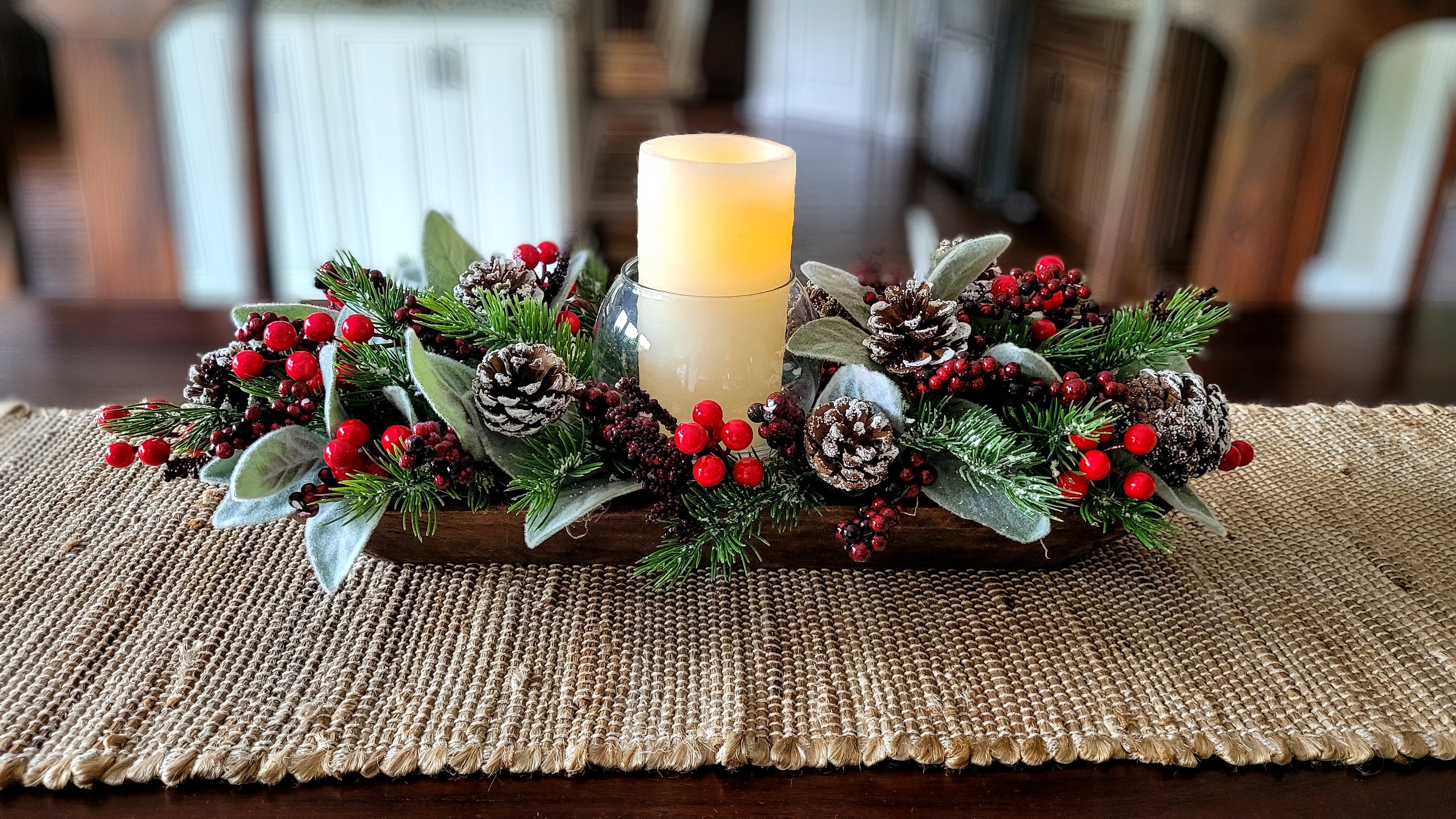 Centrotavola Natalizio Lungo Con Renna - Decorazione Tavola Natale 35x170 Cm - Rosso Festivo