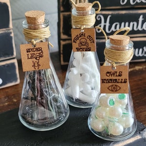 Halloween Potion Bottles Glass Mini Potion Jars Skeleton Bones Decor Witch Spell Decor Halloween Vintage Decor Glass Flask Halloween decor