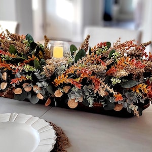 Fall Arrangement Centerpiece Dining Table Thanksgiving Decoration Autumn Home Harvest Display Wooden Bowl Dried Flower Eucalyptus Rustic