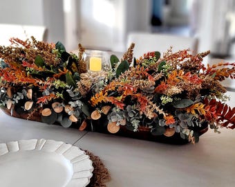 Fall Arrangement Centerpiece Dining Table Thanksgiving Decoration Autumn Home Harvest Display Wooden Bowl Dried Flower Eucalyptus Rustic