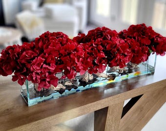 Dining Table Decor Table Centerpiece Hydrangea Flower Arrangement Glass Vase Artificial Silk Burgundy Home Kitchen Accent Piece Gift Modern