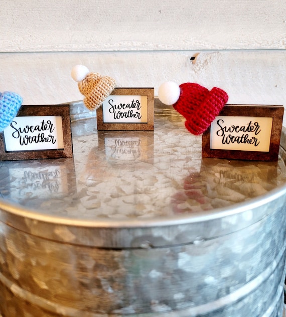 Fall Mini Sweater Weather SignMini BeanieMini Winter Beanie for Tier TrayPom Pom HatFall Tiered Tray DecorMini Wood Sign,Rustic Country