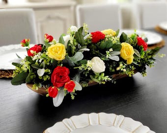 Table Centerpiece Floral Arrangement Artificial Flower Silk Peony Display Farmhouse Dining Room Accent Wooden Bowl Mantle Decoration Rustic