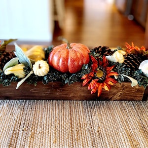 Fall Pumpkins Arrangement in 25” long wood planter box fall centerpiece in wood box fall flowers for mantle in wooden planter box image 8