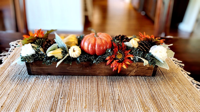 Fall Pumpkins Arrangement in 25” long wood planter box fall centerpiece in wood box fall flowers for mantle in wooden planter box image 8