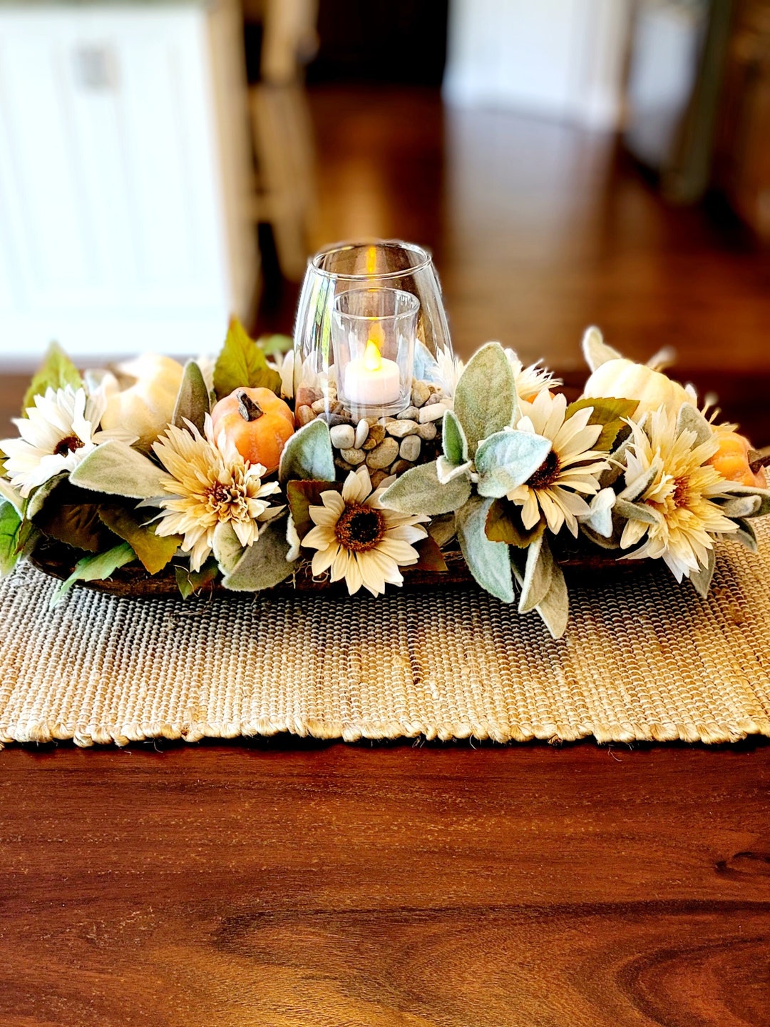 Fall Dough Bowl Arrangement Fall Flowers Candle Centerpiece Fall