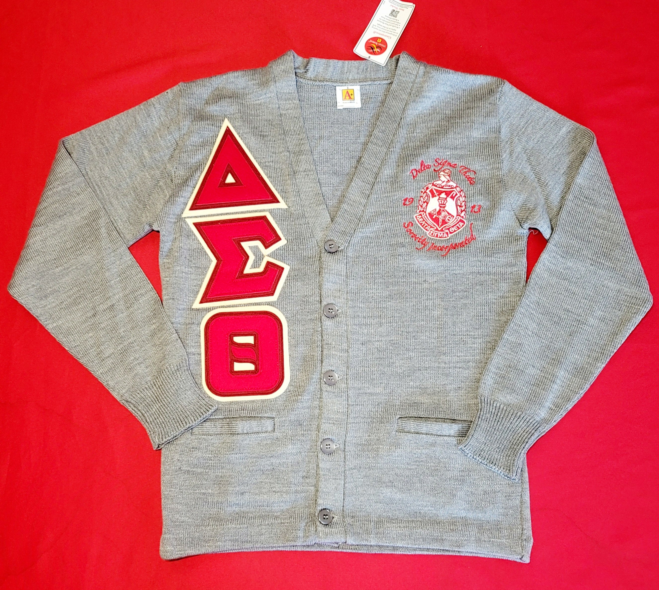 Gray Delta Sigma Theta Felt Crimson and Cream Letter Cardigan