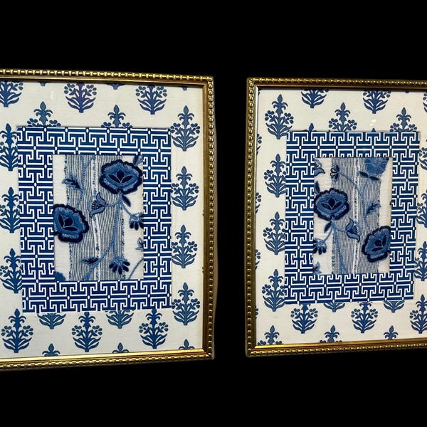 Vintage Blue & White Floral Embroidery Prints | Gold Frame, Pair