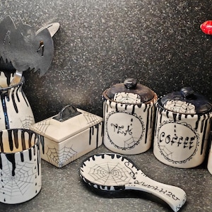 Gothic, Tea coffee sugar canister, tea coffee canister, gothic storage canister, hand painted, storage jar, kitchen set, teapot, butter dish