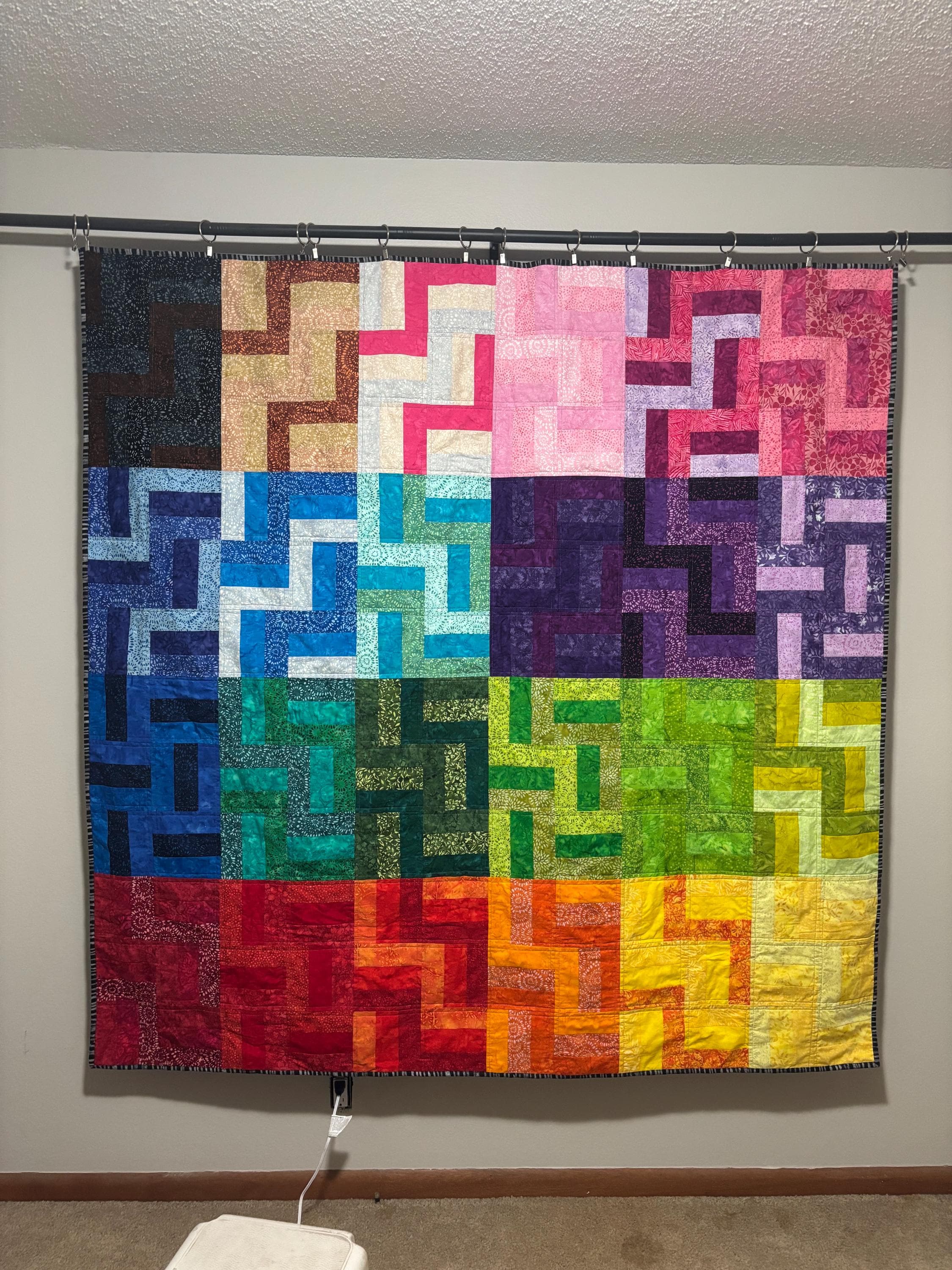Handmade Rainbow Batik Quilt: Throw/Twin Size Purple Back