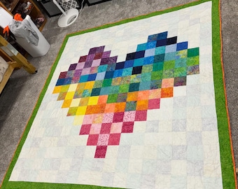 Handmade Queen Size Quilt: Rainbow Heart Design