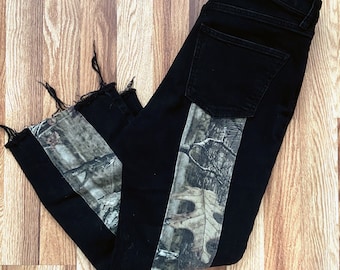 Reconstructed Black Denim with Camo Stripe