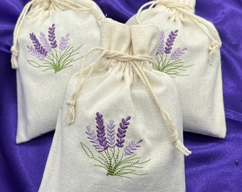 Lavender Embroidered Sachet Filled with lavender, Cotton, Hemp, Drawstring, gift bag, wedding, Birthday, love, free seeds included