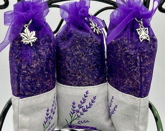 Sachets lavender filled (3) with charms, wedding toss, shower favors, gift, drawers, closets, 3 sachets, free seeds included