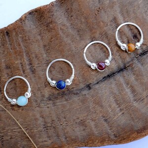 925 Silber Piercing Ring Edelsteine, Amazonit, Tigerauge, Lapislazuli, Granat, Ohrknorpel Ø 9,10,11,12mm, Gauge 20 / 0,8mm