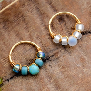 Piercing ring, Brass, Gold filled or 925 Silver, glass beads, Ø 10mm internal, G20/0.8mm, nose septum, ear cartilage, navel, boho