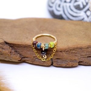 Piercing ad anello con ciondolo, placcato oro 12K, catena placcata oro, perline multicolori Ø 9, 10, 11, 12mm, 18G (1mm), cartilagine dell'orecchio, naso, mini cerchio