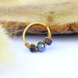 12K Gold Filled/ 925 Silver/ 316L Stainless Steel Piercing Ring, Purple Glass Beads Ø 9,10,11,12mm, Nose Cartilage Ear Navel Mini Upper Hoop