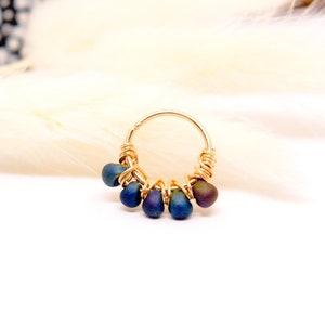 Anneau piercing Or Rempli 12K, Perles goutte bleu irisé, 20G (0,8mm) Ø 8mm, Nez Cartilage Oreille Nombril mini créole upper lobe
