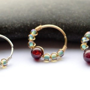 Piercing Ring, 14K Gold Filled/ 925 Silver/ 316L Steel Garnet Gemstone Ø 9mm 22G (0.6mm) Cartilage Ear Nose Septum Helix Conch Creole