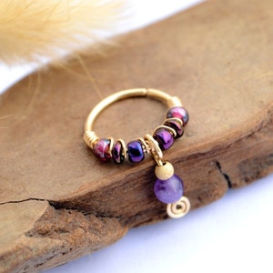 Pendant piercing ring, 12K gold filled, Amethyst stone, Gold/glass beads, Ø 10,11,12mm 18G or 20G, Cartilage ear, Nose, Navel