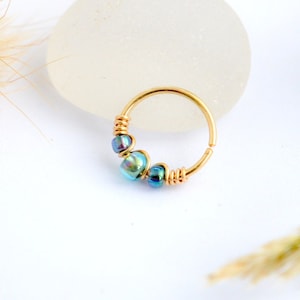 Piercing ad anello riempito in oro 12 carati, perline di vetro blu Ø 6, 7, 8, 9, 10, 11, 12 mm, 20 g (0,8 mm) per cartilagine, orecchio, naso, ombelico, mini creolo, lobo