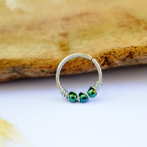 Anneau piercing, Inox 316L/ Argent 925/ Or rempli 12K, perles en verre vert irisé, Ø 8,9,10,11mm, G20/0.8mm, Nez, cartilage oreille, Nombril