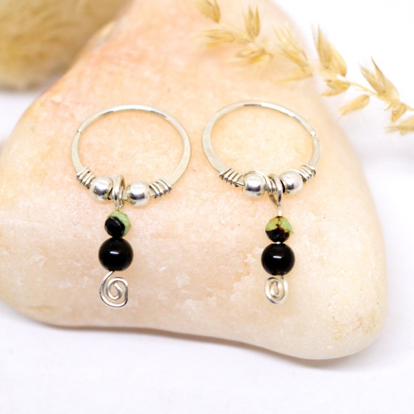 Paires de Créoles en Argent 925, Pierres semi-précieuses de Turquoise et Obsidienne, 18mm, 18G (1mm), cadeau femme, boucles d'oreilles gemme