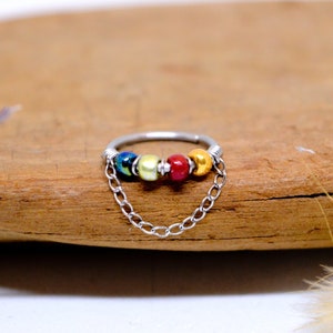Piercing Ring, 316L Stainless Steel, Stainless Steel Chain, Multicolored Glass Beads Ø 9,10,11,12mm, 18G / 20G, Cartilage Ear Helix Conch Nose Septum