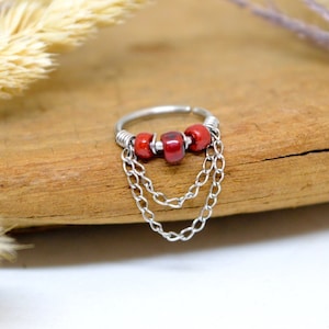 Piercing Ring, 316L Stainless Steel, Stainless Steel Chain, Red Glass Beads Ø 9,10,11,12mm, 18G (1mm) Cartilage Ear Nose Septum Helix Conch