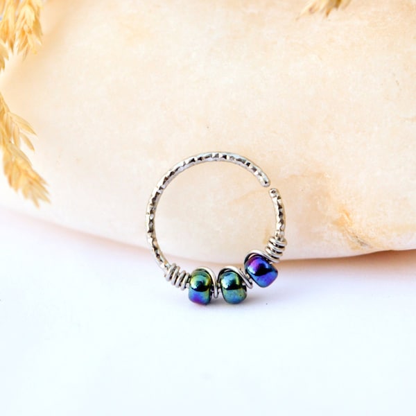 Anneau piercing, Acier inoxydable 316L Diamanté, perles en verre bleu irisé, Ø 8, 9, 10, 11mm, G19/0.9mm, Nez, Cartilage oreille, Nombril